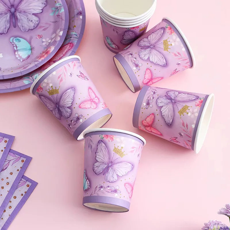 Decorazione per feste con farfalla viola, piatti di carta usa e getta, tovaglioli, tazze, set di stoviglie in paglia per la festa di compleanno con farfalla