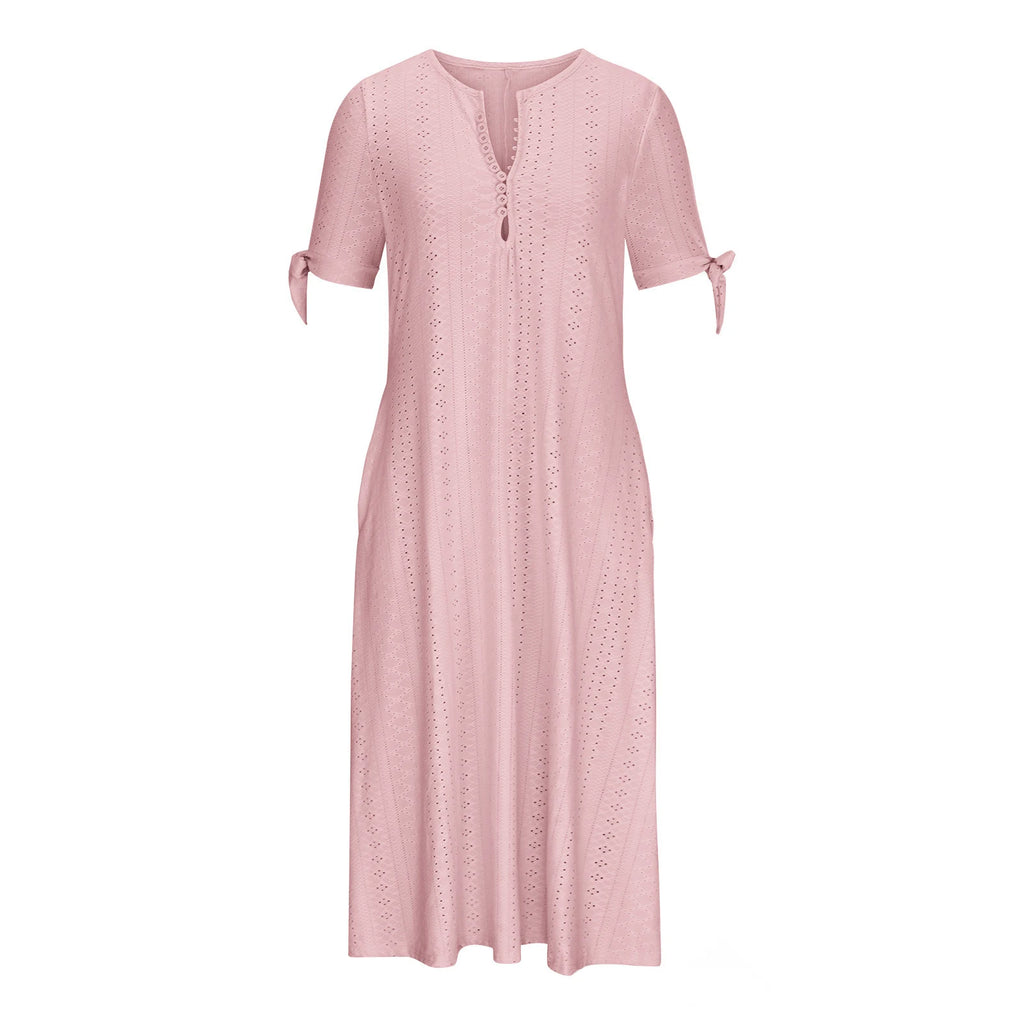 Abito Midi Estivo da Donna Boho con Occhielli e Spalle Scoperte, Maniche Corte, Scollo a V, Bottoni, Vestibilità Ampia, Stile Casual a Trapezio con Tasche