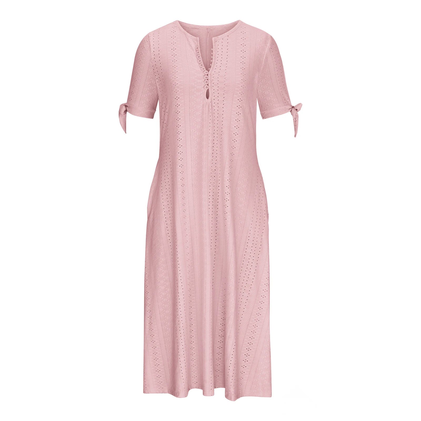 Abito Midi Estivo da Donna Boho con Occhielli e Spalle Scoperte, Maniche Corte, Scollo a V, Bottoni, Vestibilità Ampia, Stile Casual a Trapezio con Tasche