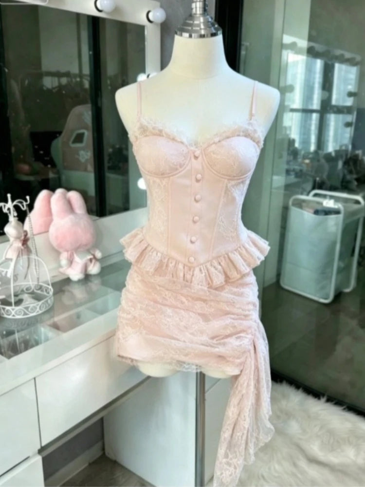 Abito stile francese dolce e carino con giunture a pois, fiocco in pizzo, abiti alla moda coreani, nuovo design, vita sottile, mini abito Y2k da donna