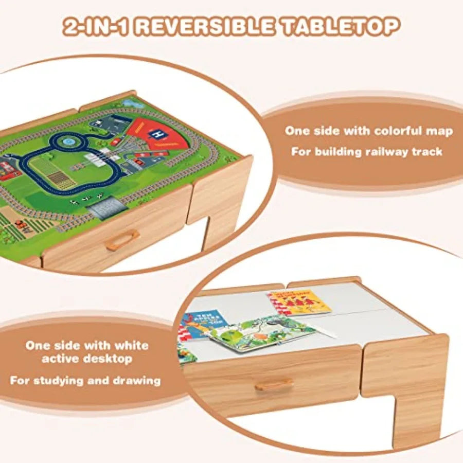 Tavolo da gioco per bambini dai 3 anni in su, tavolo attività in legno per bambini con contenitore, finitura in legno naturale, 100 pezzi multicolor inclusi