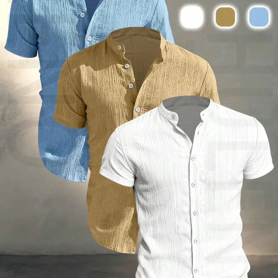 3 pezzi di camicie casual da uomo a maniche corte con colletto rialzato, estive, leggere, traspiranti, tinta unita, con bottoni