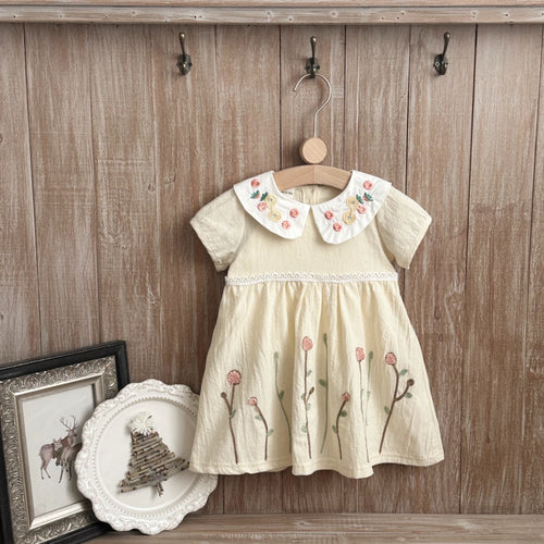 Abito estivo in puro cotone per bambina, grazioso vestito da principessa con colletto a bambola e ricami floreali per neonate da 0 a 3 anni