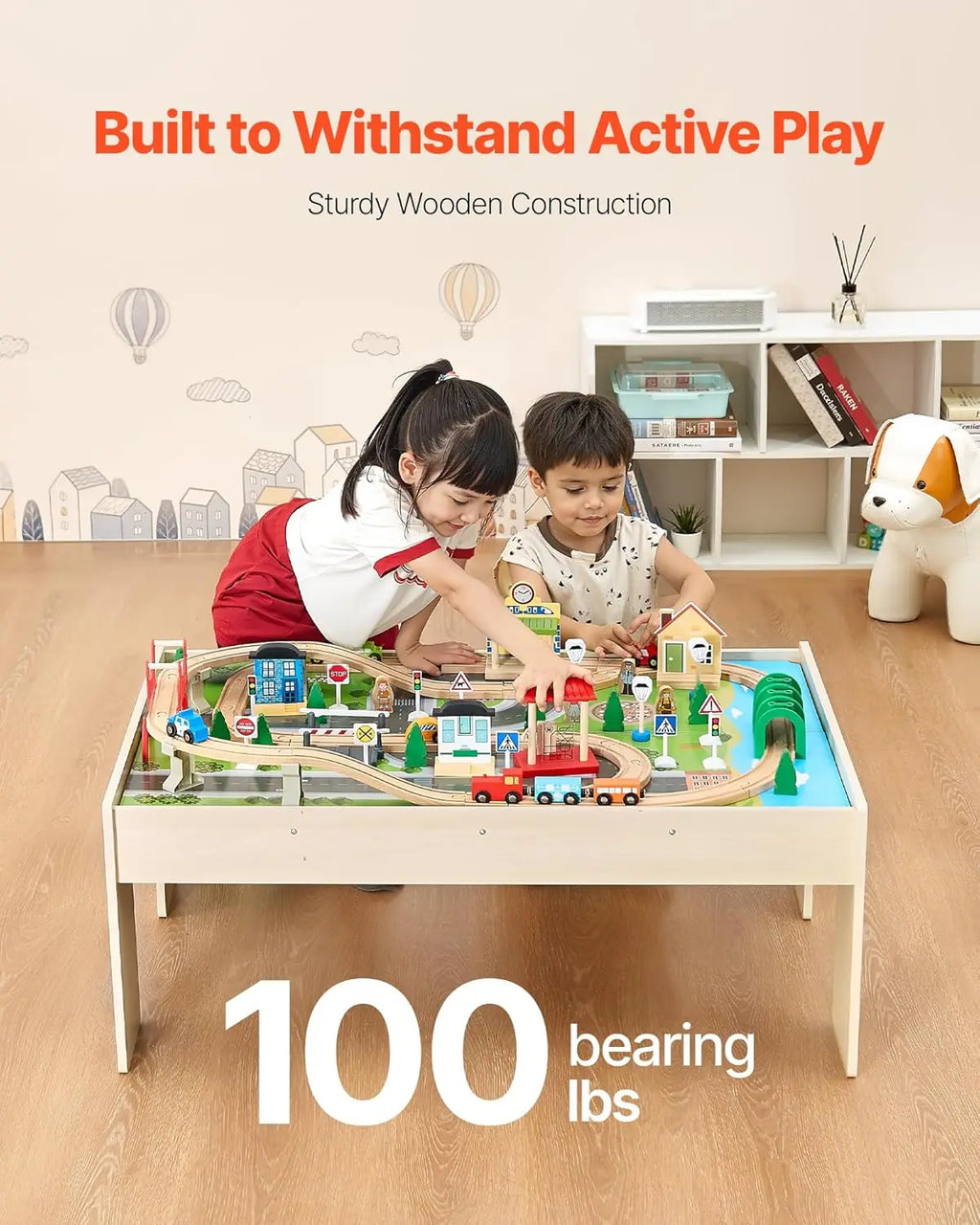 Tavolo da treno, tavolo da attività per bambini in legno da 84 pezzi multicolori con contenitore portaoggetti pieghevole, set di treni in legno 3 in 1 per giochi, D