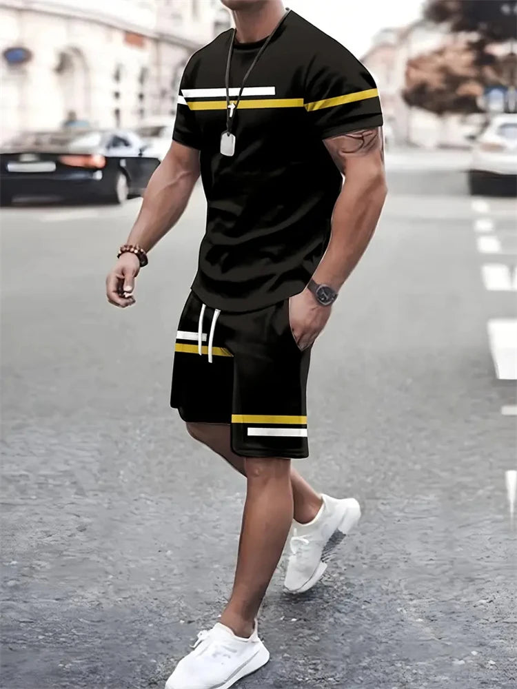 T-shirt a maniche corte con stampa a righe da uomo estiva Pantaloncini in vita elastica Set da 2 pezzi Set di pantaloncini con tasche T-shirt allentata con o-collo taglie forti