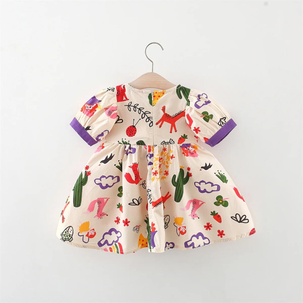 Abito da ragazza di 0-3 anni, decorazione estiva con fiocco con stampa animalier arcobaleno a cartoni animati, gonna ampia a maniche corte