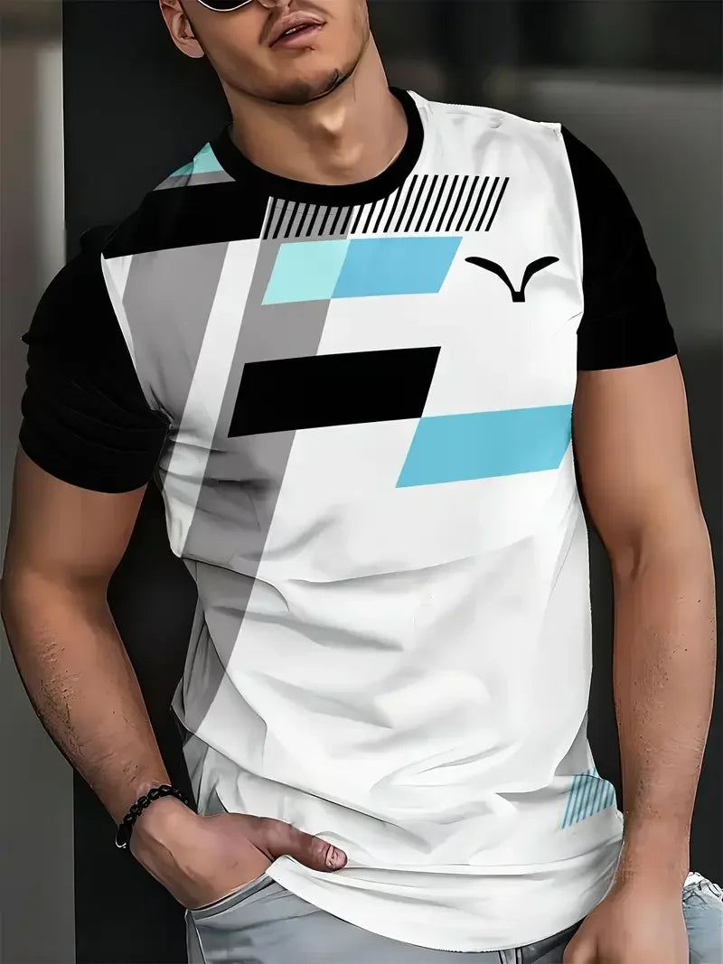 T-shirt classica estiva da uomo: top da esterno a maniche corte con scollo tondo e stampa a righe, maglietta da uomo da strada ampia con aggiunta