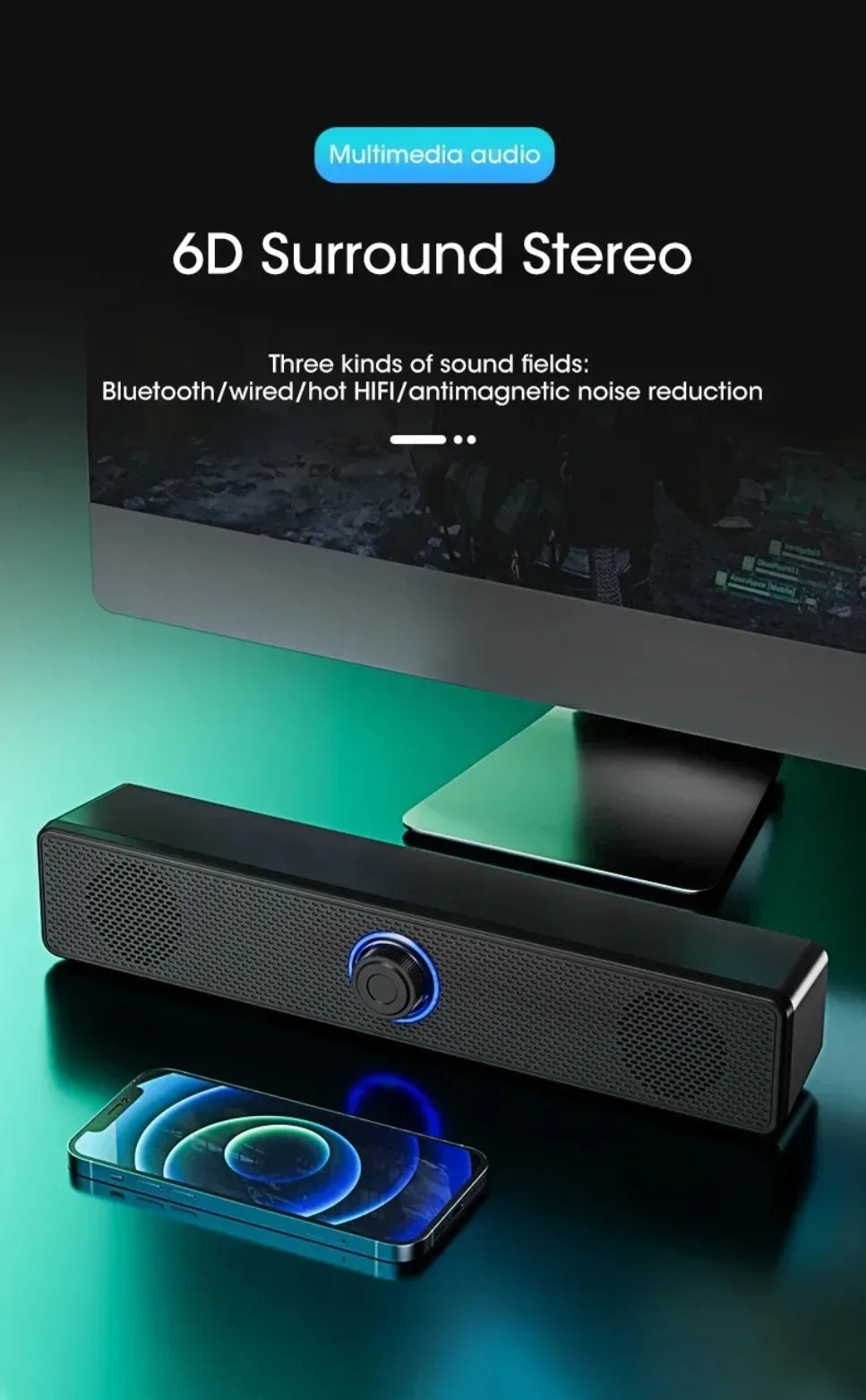 Soundbar per PC Bluetooth alimentato tramite USB Soundbar per altoparlante cablato e wireless per TV Pc Laptop Gaming Home Theater Sistema audio surround