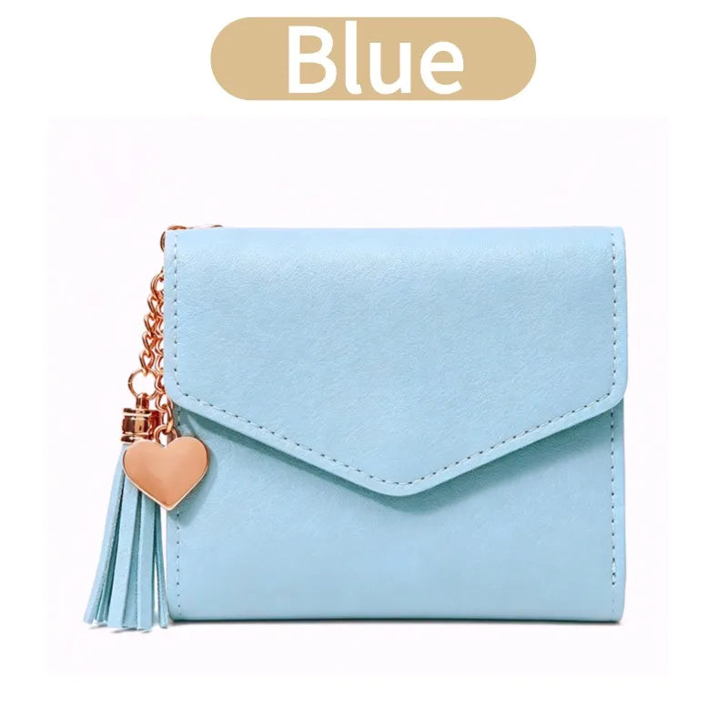 Portafoglio Corto da Donna a Tre Ante con Ciondolo a Nappa in Pelle PU, Porta Monete e Scomparti Multipli per Carte, Mini Pochette Sottile Femminile Porta Carte