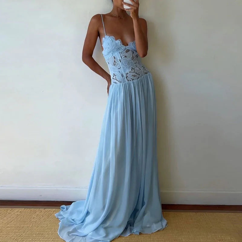 Abito Lungo Estivo Casual in Chiffon con Bretelle, Scollo a V Profondo, Senza Maniche, con Inserti in Pizzo, per Spiaggia e Feste, Primavera Estate