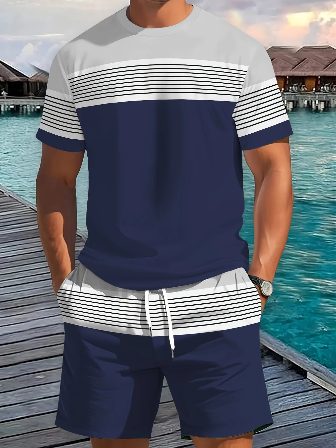 Nuovo arrivo estivo, completo casual da uomo in due pezzi, camicia a maniche corte con stampa a righe e pantaloncini sportivi, set fitness da uomo