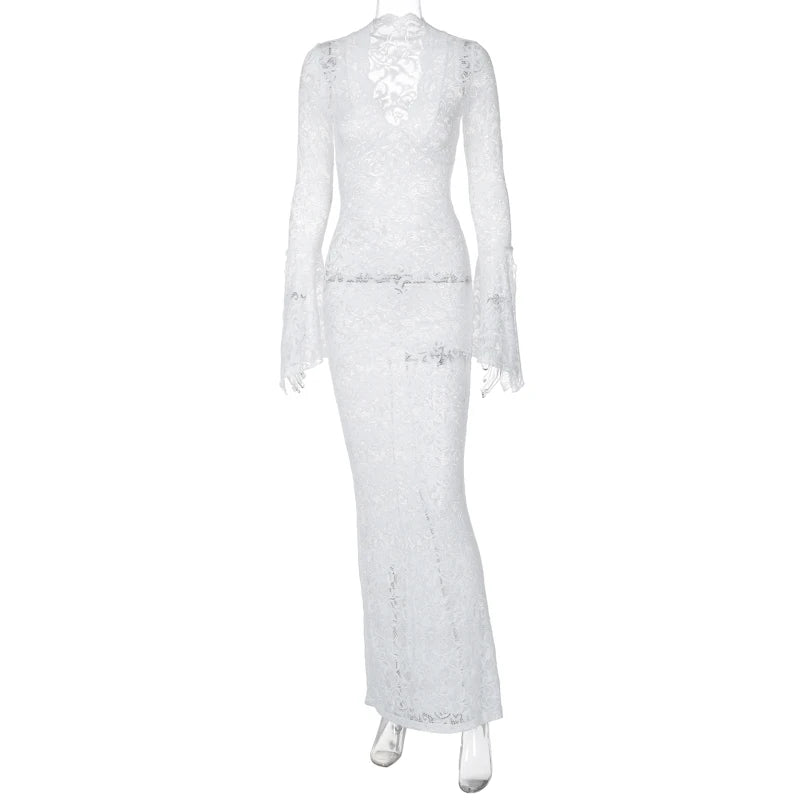 Hugcitar Maglia con stampa floreale Scollo a V Manica lunga svasata Abito lungo trasparente sexy Primavera Abiti moda donna Vacanza al mare Club