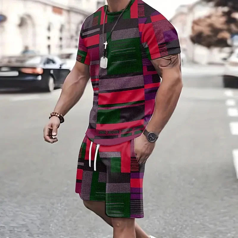 2024 Estate Outdoor Sportswear Uomo Patchwork Stampato Pantaloncini a maniche corte Moda casual Due set Sudore assorbente e confortevole