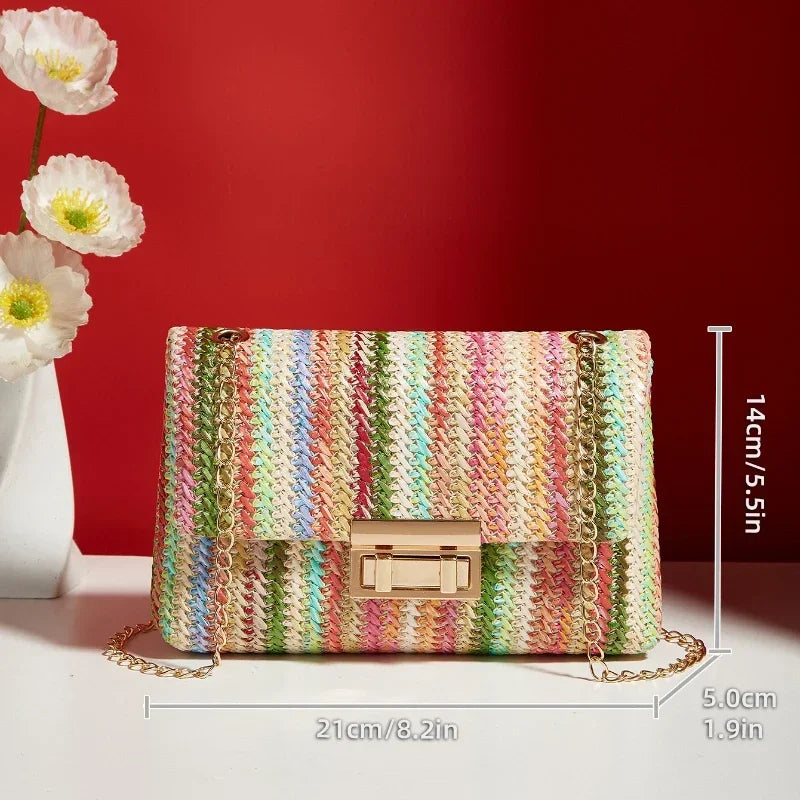 Borsa a mano con pochette in paglia a righe multicolori per donna Borsa a tracolla a tracolla con tracolla da spiaggia estiva in tessuto casual in pelle PU
