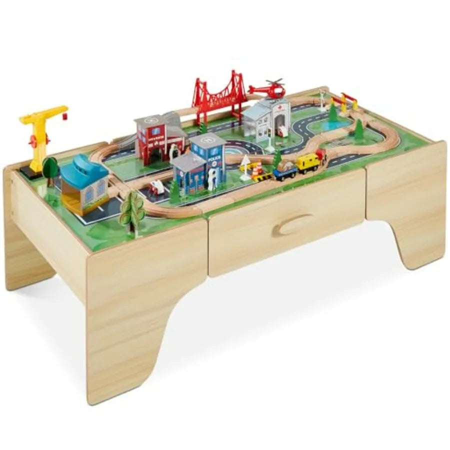 Grande Tavolo da Gioco Multifunzione in Legno da 50 Pollici con 70 Pezzi per Trenini, con Binari e Piano Reversibile, Colore Naturale