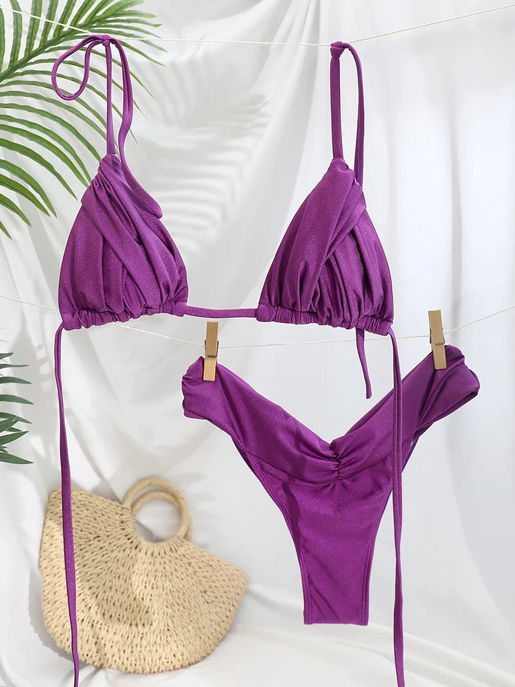 Costume da bagno bikini con pieghe sexy Micro bikini solido Costume da bagno donna Triangolo femminile Costume da bagno da spiaggia