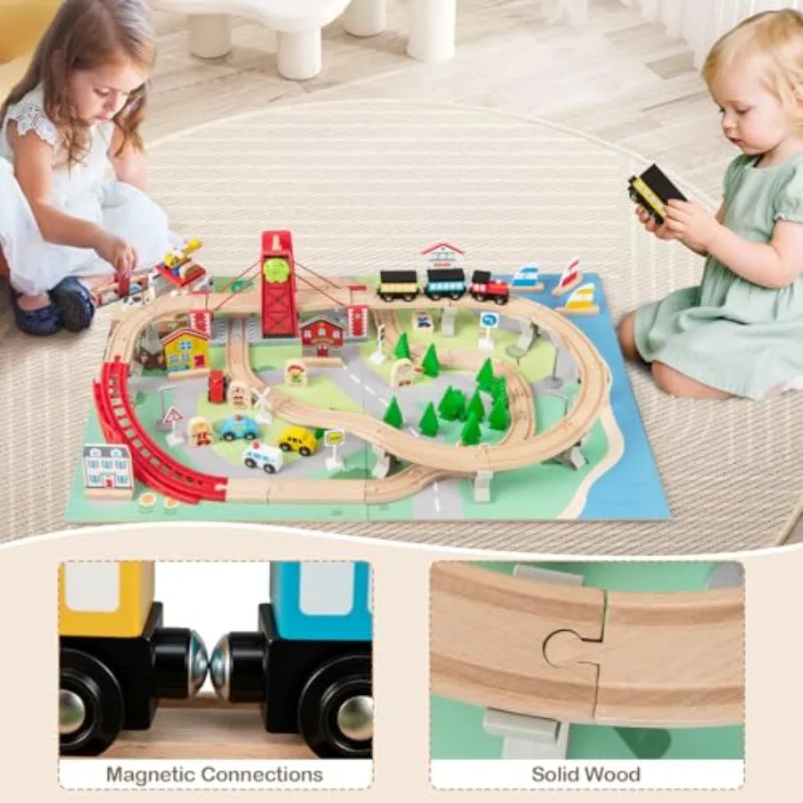 Tavolo da Gioco 3-in-1 in Legno con 3 Contenitori, Pista Reversibile da 94 Pezzi e Mappa per Costruire e Giocare