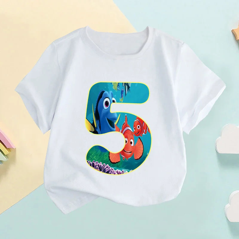 Maglietta per bambini con stampa numerica di Nemo e Dory, simpatici pesciolini, abbigliamento per bambine 1 2 3 4 5 6 7 8 9 anni, magliette per compleanno neonati e bambini, HKP2759