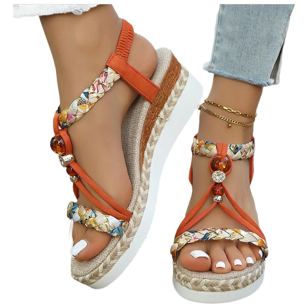Sandali Donna 2026 Stile Bohemien con Tacco Grosso, Perline Intrecciate, Tacco a Zeppa, Comodi, Versatili, alla Moda, con Cinturino Romano
