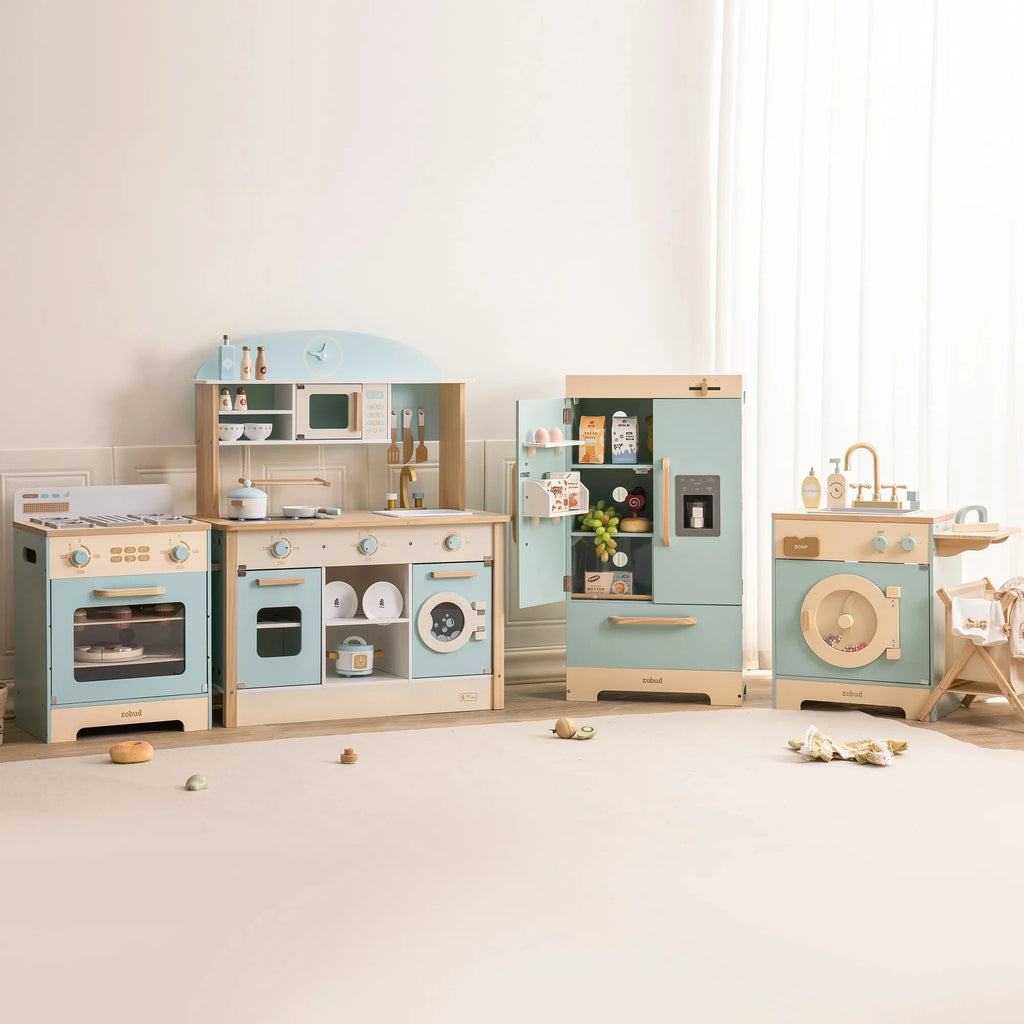 Cucina Giocattolo in Legno Robud per Bambini, Set Completo ad Angolo con Forno, Frigorifero e Lavatrice, Regalo di Compleanno Perfetto per Piccoli Chef