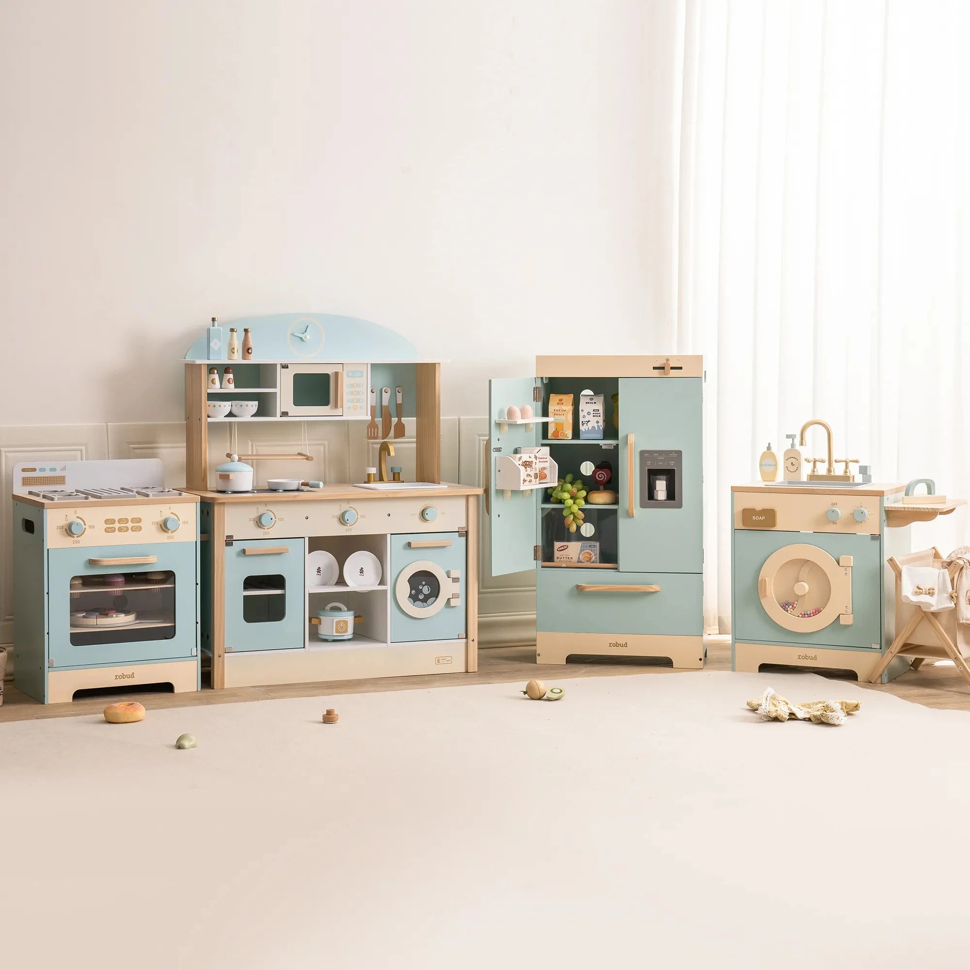 Cucina Giocattolo in Legno Robud per Bambini, Set Completo ad Angolo con Forno, Frigorifero e Lavatrice, Regalo di Compleanno Perfetto per Piccoli Chef