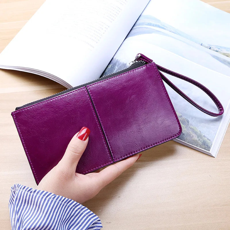 Borsa da donna vintage in pelle cerata a olio con cerniera, borsa da banca, portafoglio zero di grande capacità, cinturino da polso, porta carte con nome semplice