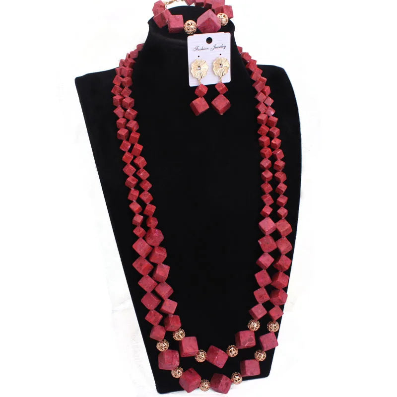 Dudo Jewelry Big Coral Beads African Jewelry Set 3 Layers Bracelet Earrings And Necklace Set Costume Jewelry