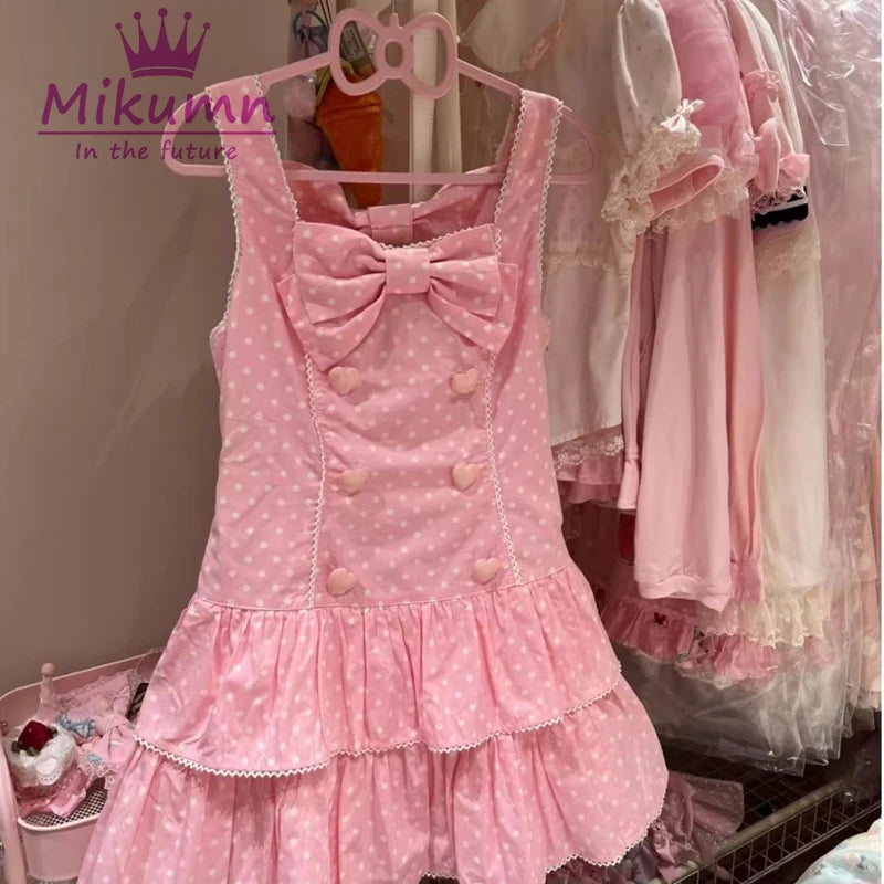 Mikumn giapponese Kawaii Lolita stile cinturino abito Harajuku dolce fiocco rosa stampa a pois mini abito donna ragazza Y2k mini abito da festa