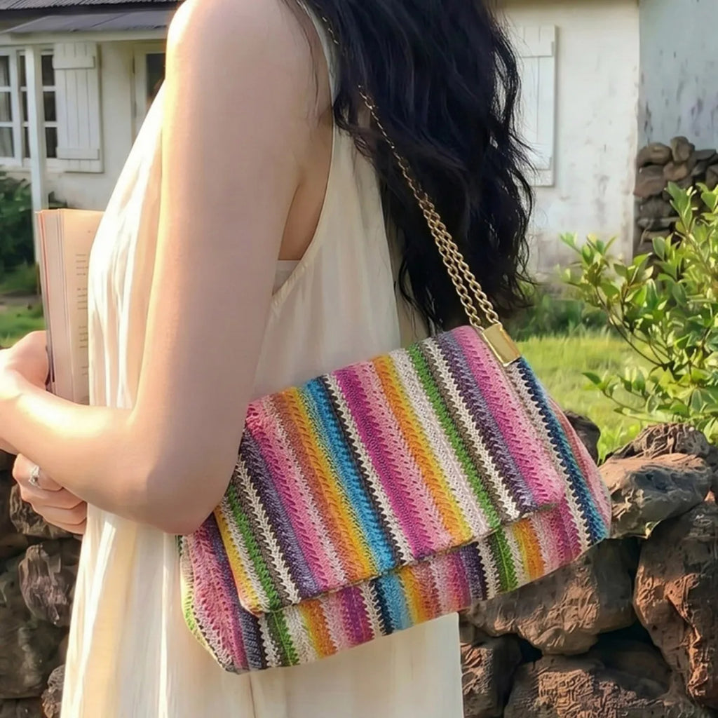 Borsa a tracolla da donna Rainbow 2026 estiva, trendy, con catena intrecciata, chiusura a scatto, semplice, casual, per tutti i giorni, shopper