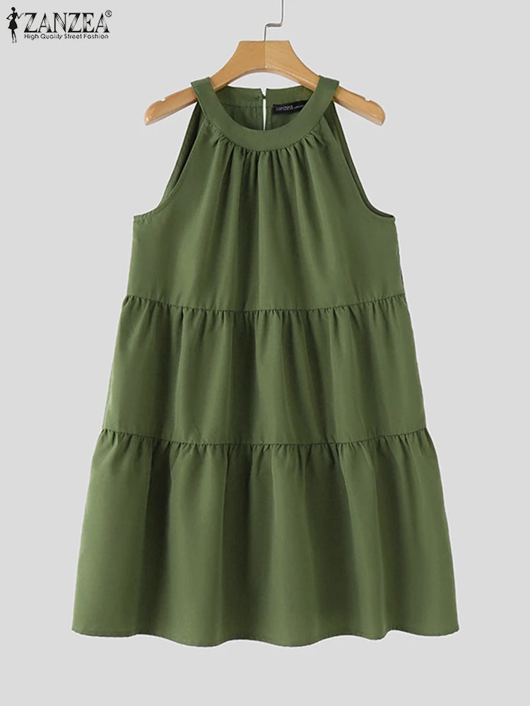 ZANZEA Abito estivo senza maniche a strati con scollo all'americana Donna Coreano con volant Patchwork Abito da spiaggia O-Collo Vestito estivo allentato Sweety Party Vestido