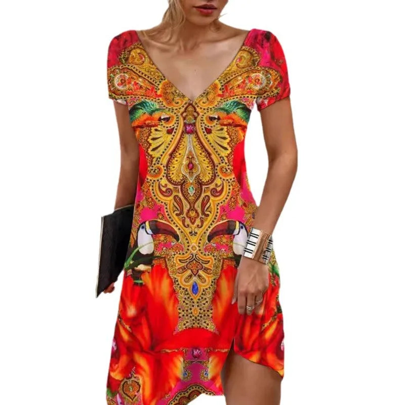 Abiti da donna 2026 estivi casual con stampa floreale e geometrica, vestito lungo a maniche corte, abbigliamento femminile, vestiti