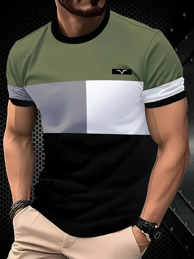 T-shirt classica estiva da uomo: top da esterno a maniche corte con scollo tondo e stampa a righe, maglietta da uomo da strada ampia con aggiunta