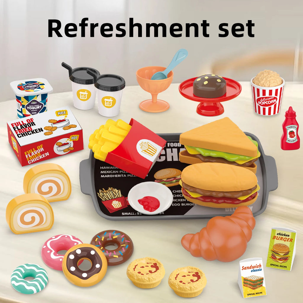 Giochi per bambini: giochi di finzione, barbecue, fast food, pizza, sushi, tè pomeridiano, dessert, cibo da cucina, set di giocattoli
