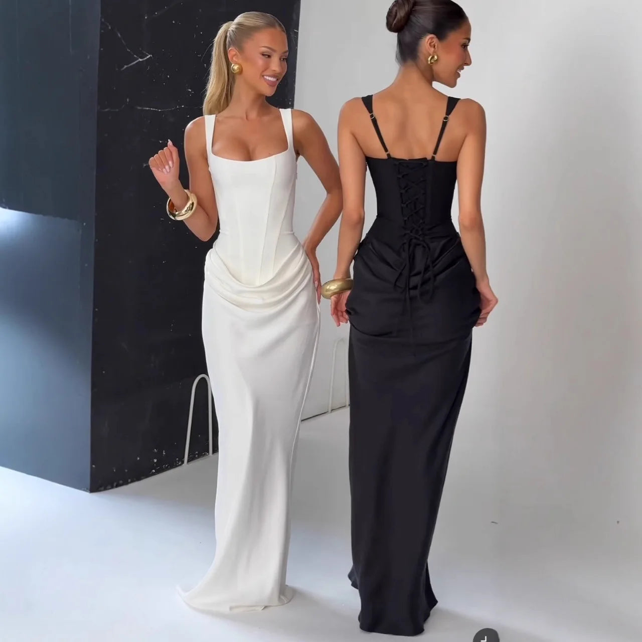 Suninheart Abito lungo da donna bianco Abito elegante con lacci Abito da cerimonia formale sottile per invitati a un matrimonio