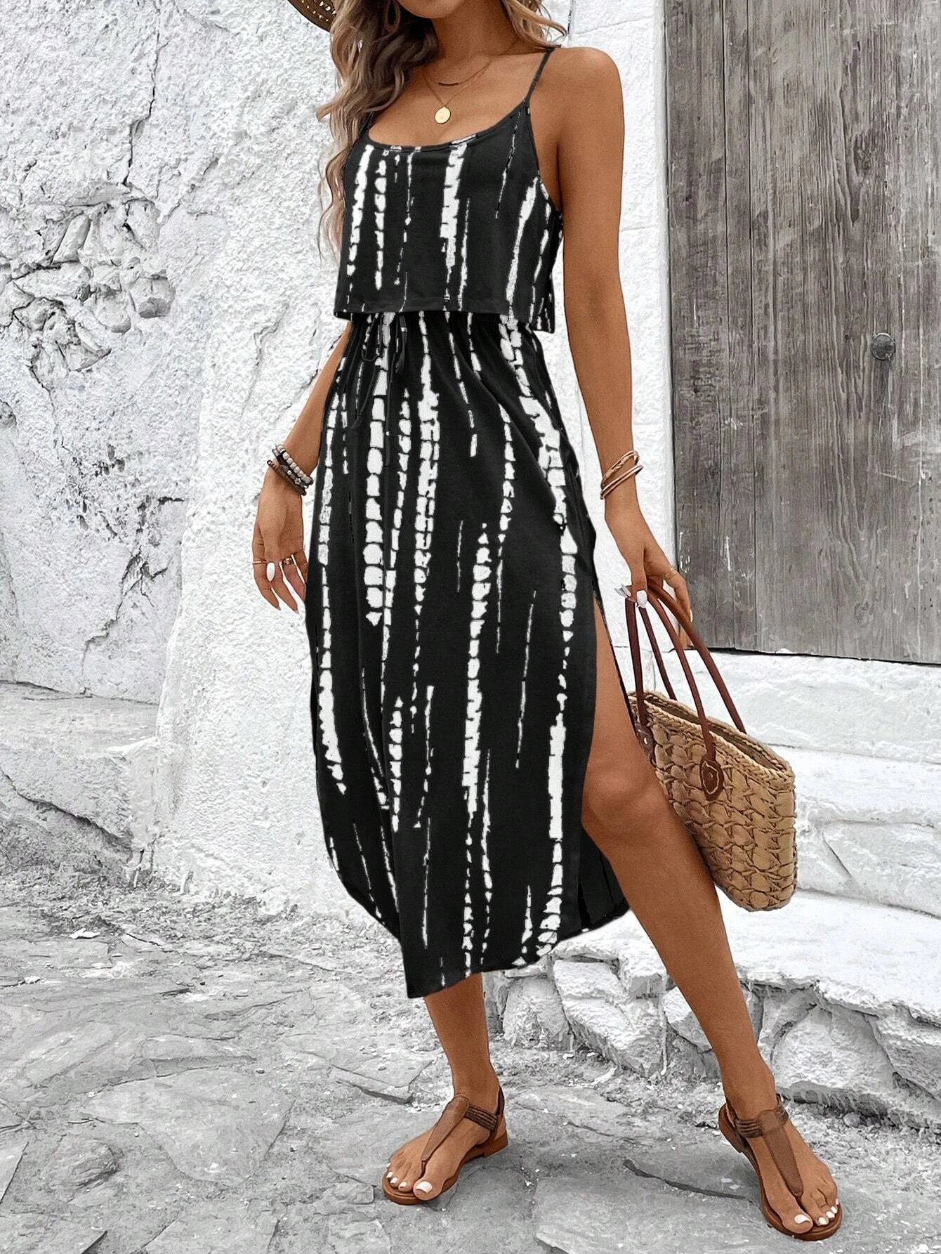 Abito estivo da donna con cinturino spaghetti con cintura e spacco laterale - Abito fluido casual senza maniche