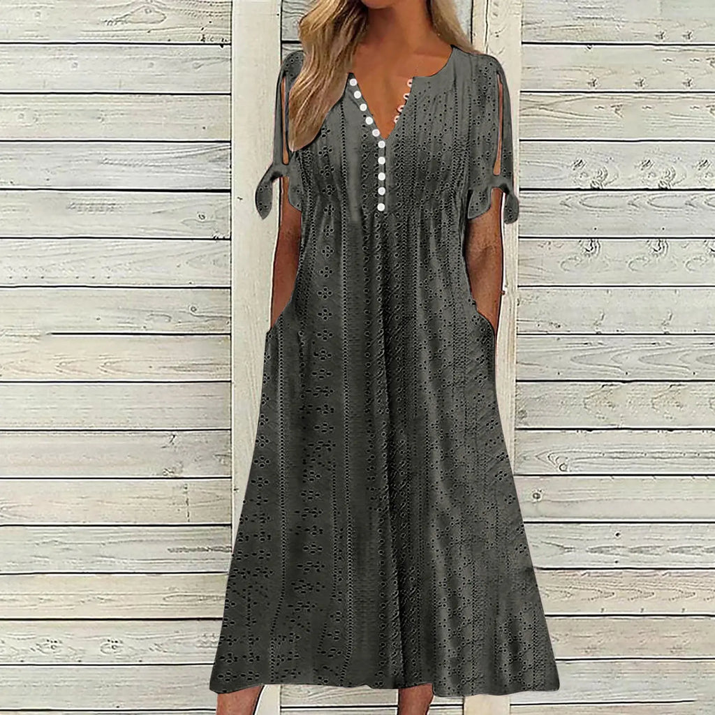 Abito Midi Estivo da Donna Boho con Occhielli e Spalle Scoperte, Maniche Corte, Scollo a V, Bottoni, Vestibilità Ampia, Stile Casual a Trapezio con Tasche