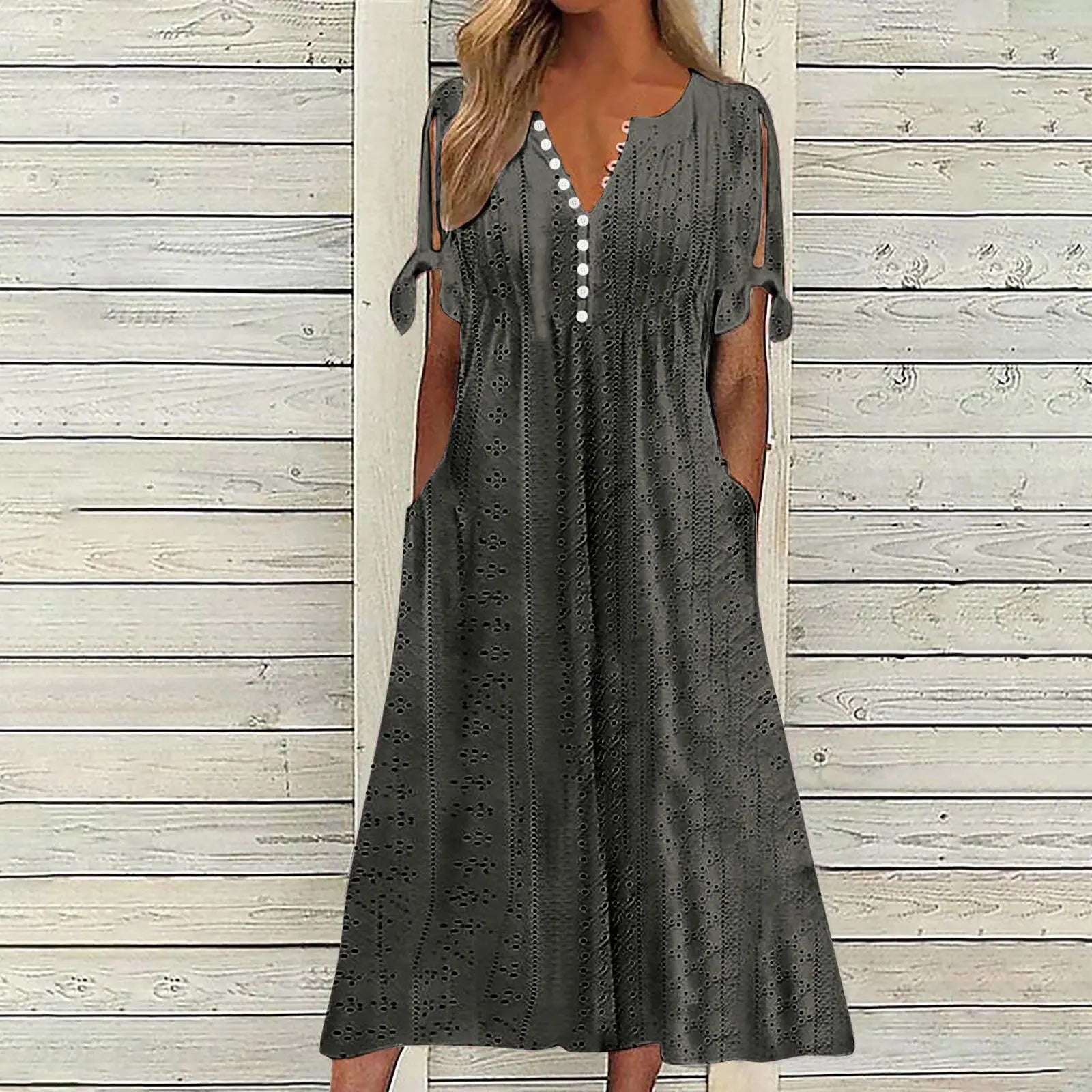 Abito Midi Estivo da Donna Boho con Occhielli e Spalle Scoperte, Maniche Corte, Scollo a V, Bottoni, Vestibilità Ampia, Stile Casual a Trapezio con Tasche