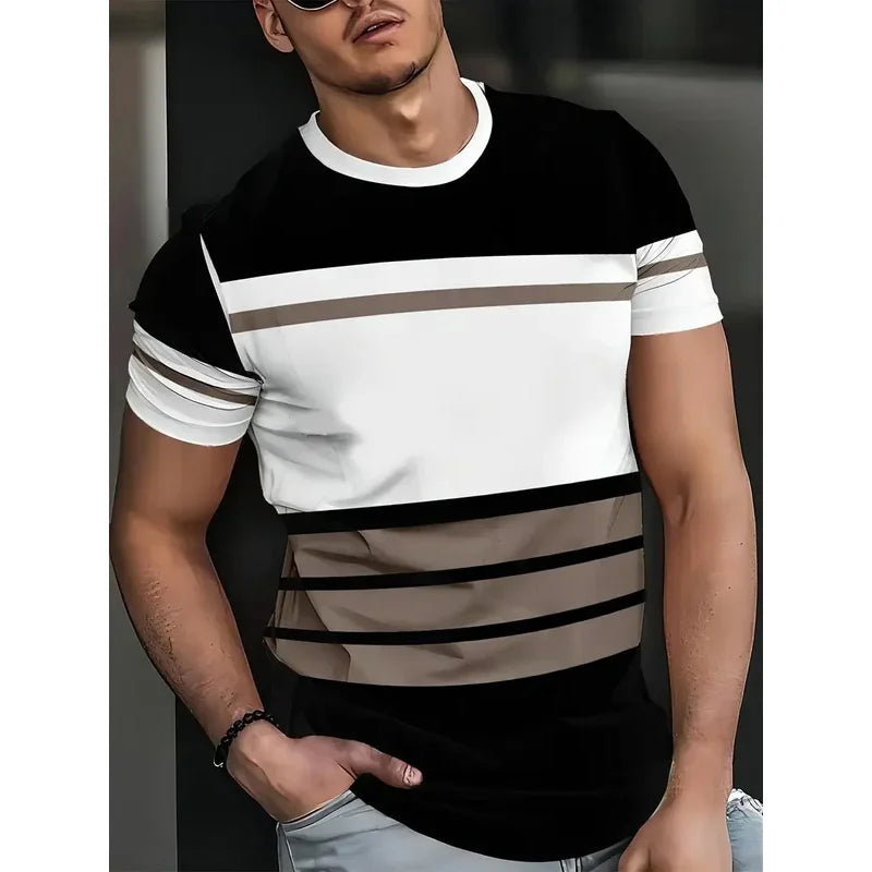 T-shirt classica estiva da uomo: top da esterno a maniche corte con scollo tondo e stampa a righe, maglietta da uomo da strada ampia con aggiunta