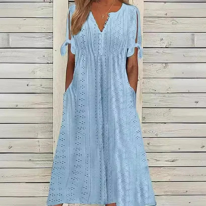 Abito Midi Estivo da Donna Boho con Occhielli e Spalle Scoperte, Maniche Corte, Scollo a V, Bottoni, Vestibilità Ampia, Stile Casual a Trapezio con Tasche
