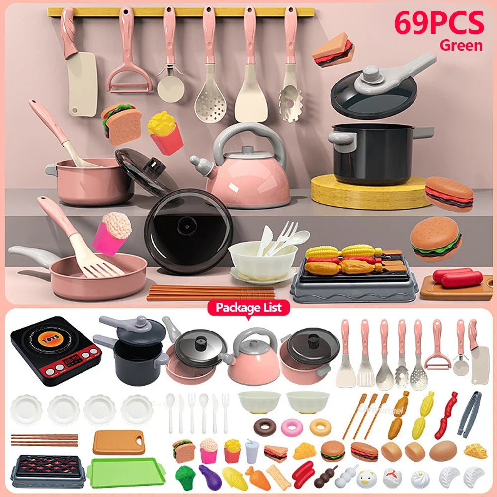 Set di giocattoli da cucina per bambini 59/69 pezzi Kit di accessori da cucina da gioco con pentole da gioco Padelle Fai finta di cibo Giocattolo da cucina Regalo per ragazze e ragazzi