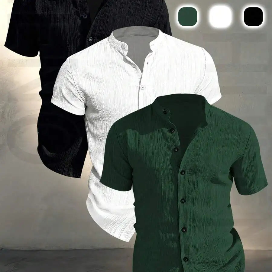 3 pezzi di camicie casual da uomo a maniche corte con colletto rialzato, estive, leggere, traspiranti, tinta unita, con bottoni