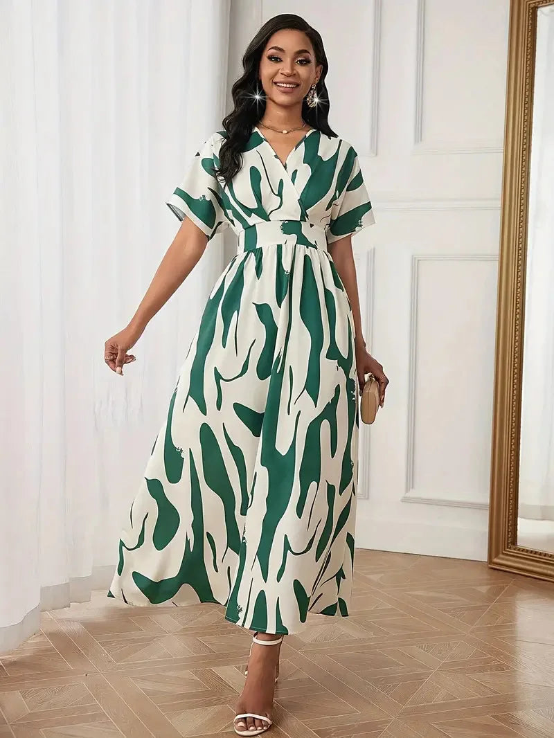 Abito longuette con scollo a V con stampa astratta verde bianco da donna Manica corta Vita alta A-Line Abiti maxi da festa casual estivi fluidi