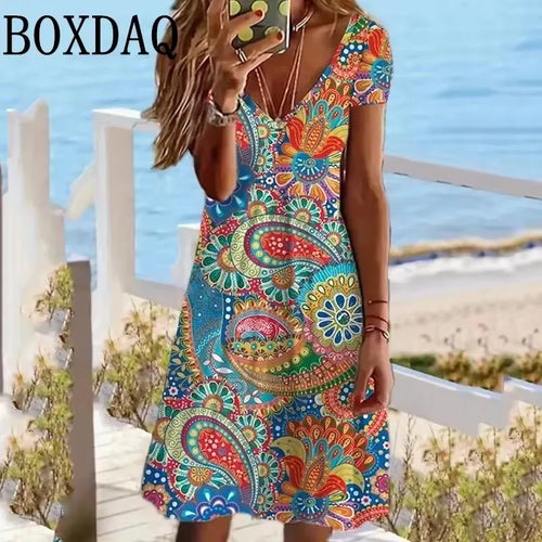 Abiti con stampa floreale 3D con scollo a V retrò Abiti da donna vintage a maniche corte estivi A-Line Abito da festa elegante Abito Boho allentato casual da donna