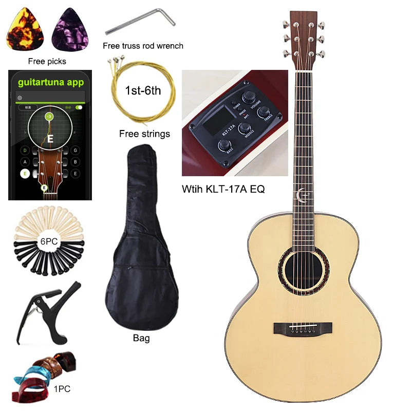 Chitarra acustica elettrica da 40 pollici a 6 corde Colore naturale Colore marrone Chitarra folk di alta qualità con parte superiore in legno massello di abete rosso