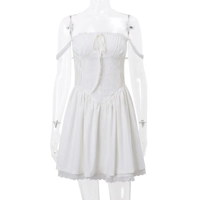 Mini Abito Estivo da Donna Elegante in Pizzo Floreale con Corsetto, Vestito Casual Corto Bianco Giallo Rosso Blu