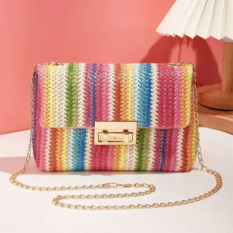 Borsa da donna in paglia lavorata a maglia in rattan a righe multicolori con borsa a catena Borse a tracolla da donna Borsa con patta dal design da viaggio