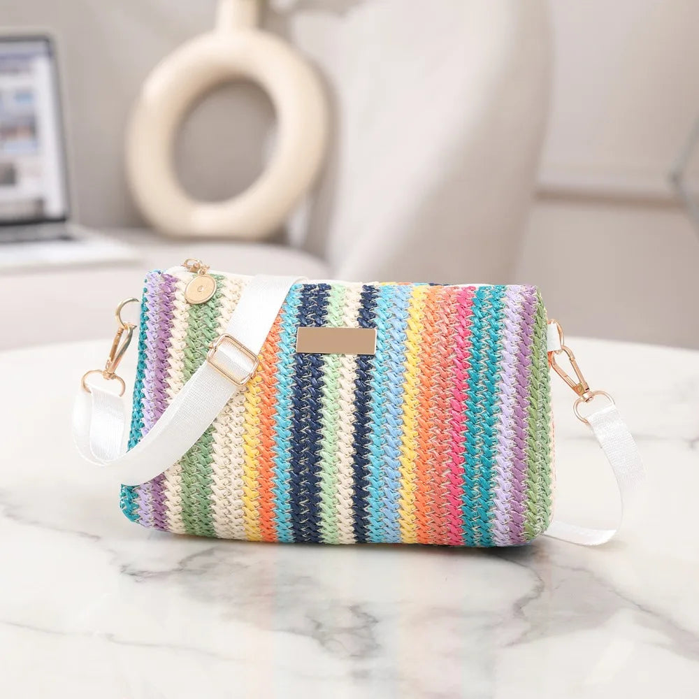 Borsa Intrecciata Leggera e Colorata Arcobaleno, Organizer da Viaggio con Tracolla Regolabile, Borsa a Tracolla per Ragazze, Borsa a Tracolla Portatile per Uscite Casual