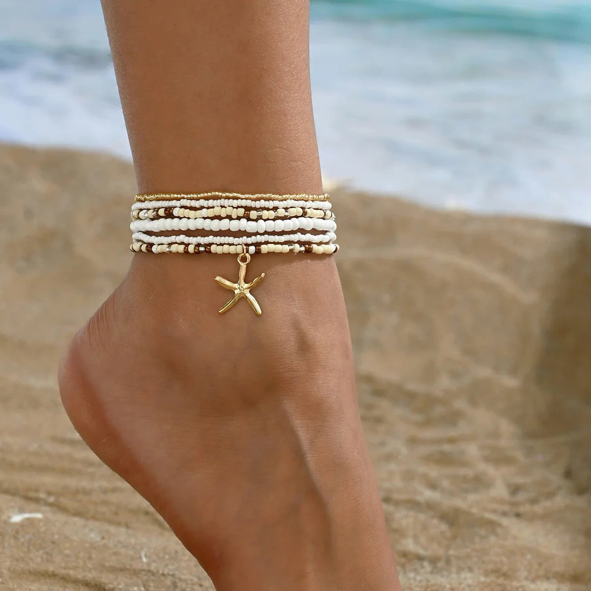 Set da 6 pezzi Cavigliera con stella marina in rilievo con sfera rotonda in acrilico da spiaggia estiva per donna Accessorio per le vacanze con gioielli multistrato di tendenza retrò