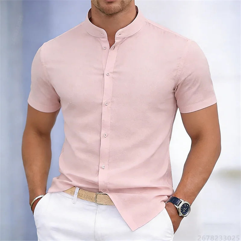 Camicia da uomo a maniche corte con colletto rialzato, bianca o nera, tinta unita, vestibilità slim, top da uomo business casual, taglie XS-6XL.