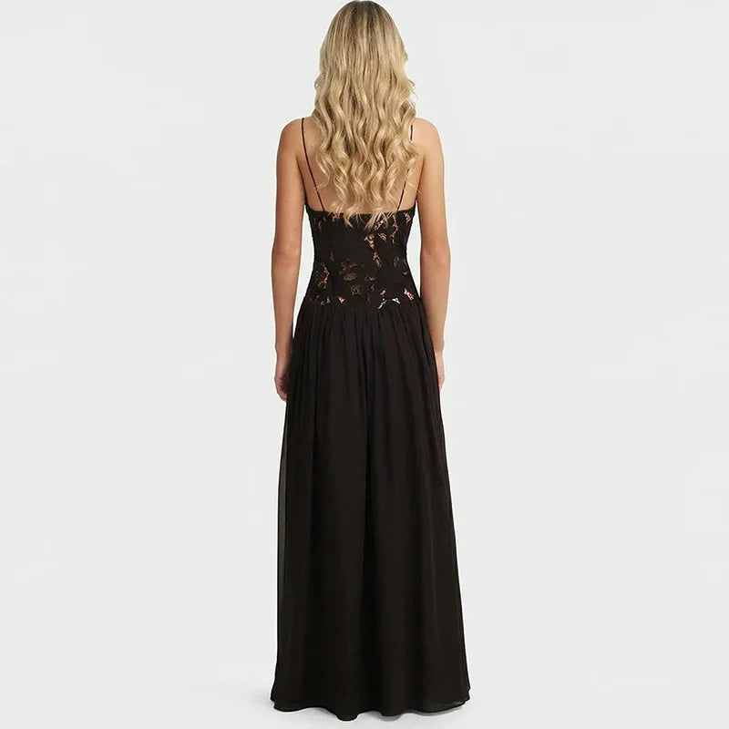 Abito Lungo Estivo Casual in Chiffon con Bretelle, Scollo a V Profondo, Senza Maniche, con Inserti in Pizzo, per Spiaggia e Feste, Primavera Estate